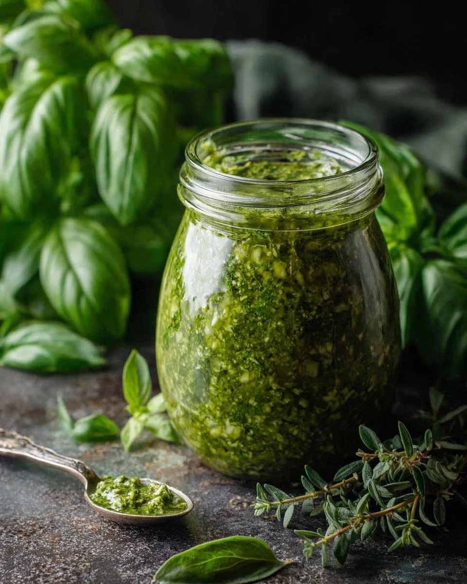 Fresh Basil Chimichurri sauce in a bowl with herbs and spices