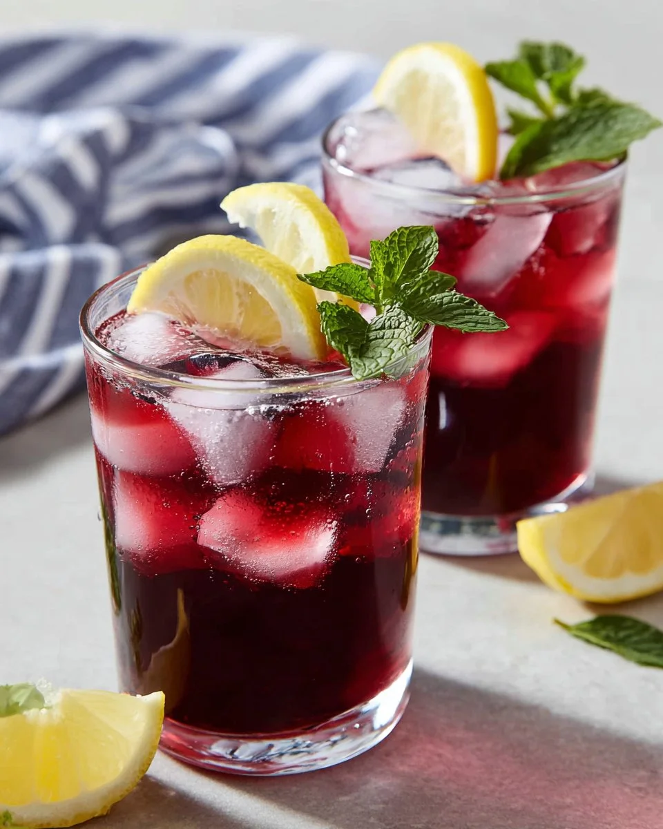 Glass of refreshing blueberry iced tea with fresh blueberries on the side.