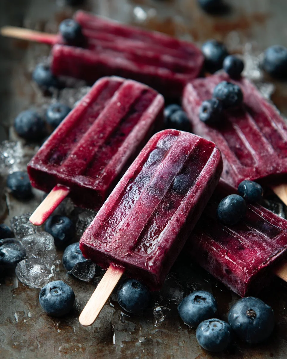 Homemade blueberry popsicles on a wooden table, refreshing summer treat