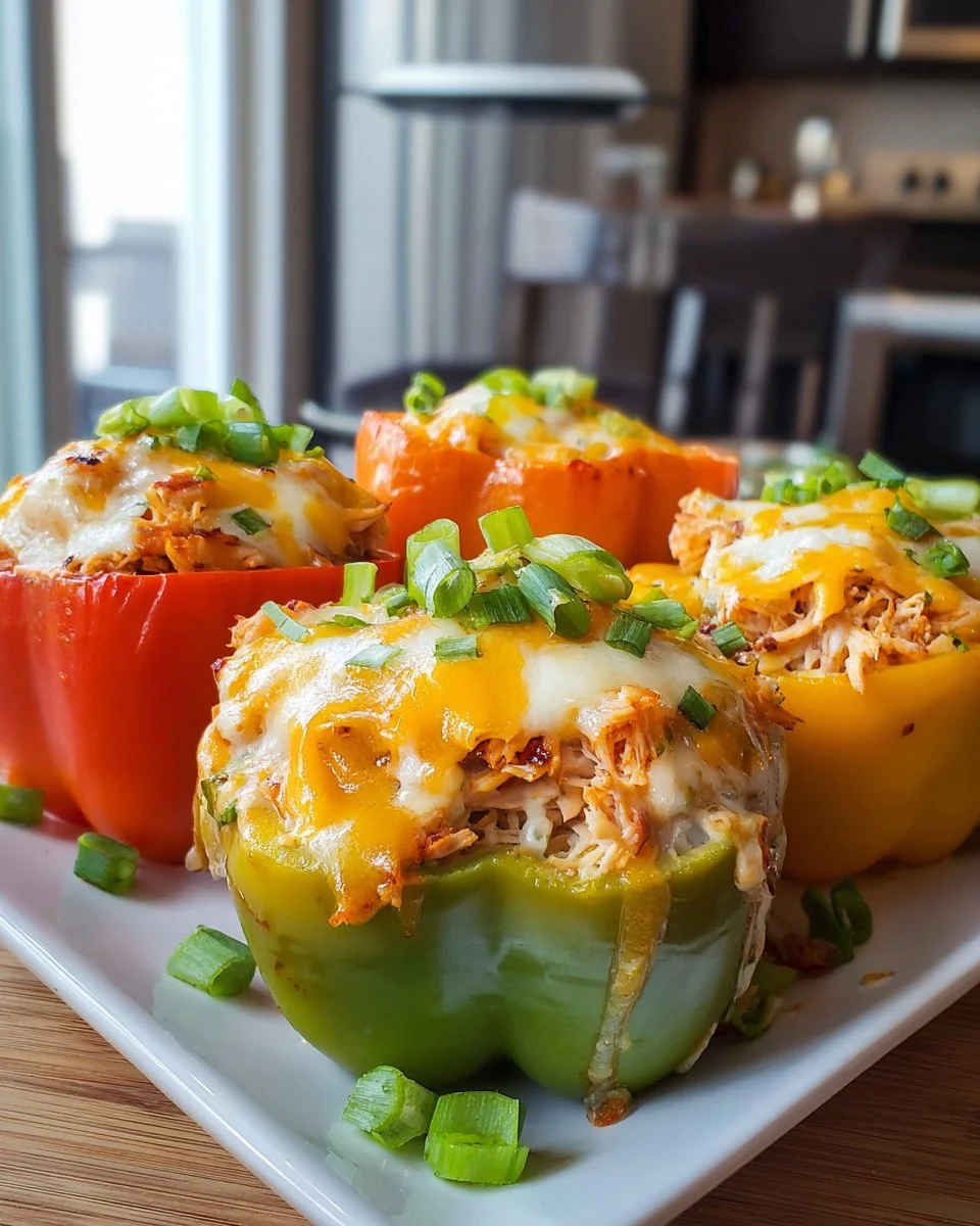 Delicious Buffalo Chicken Stuffed Peppers topped with cheese and herbs