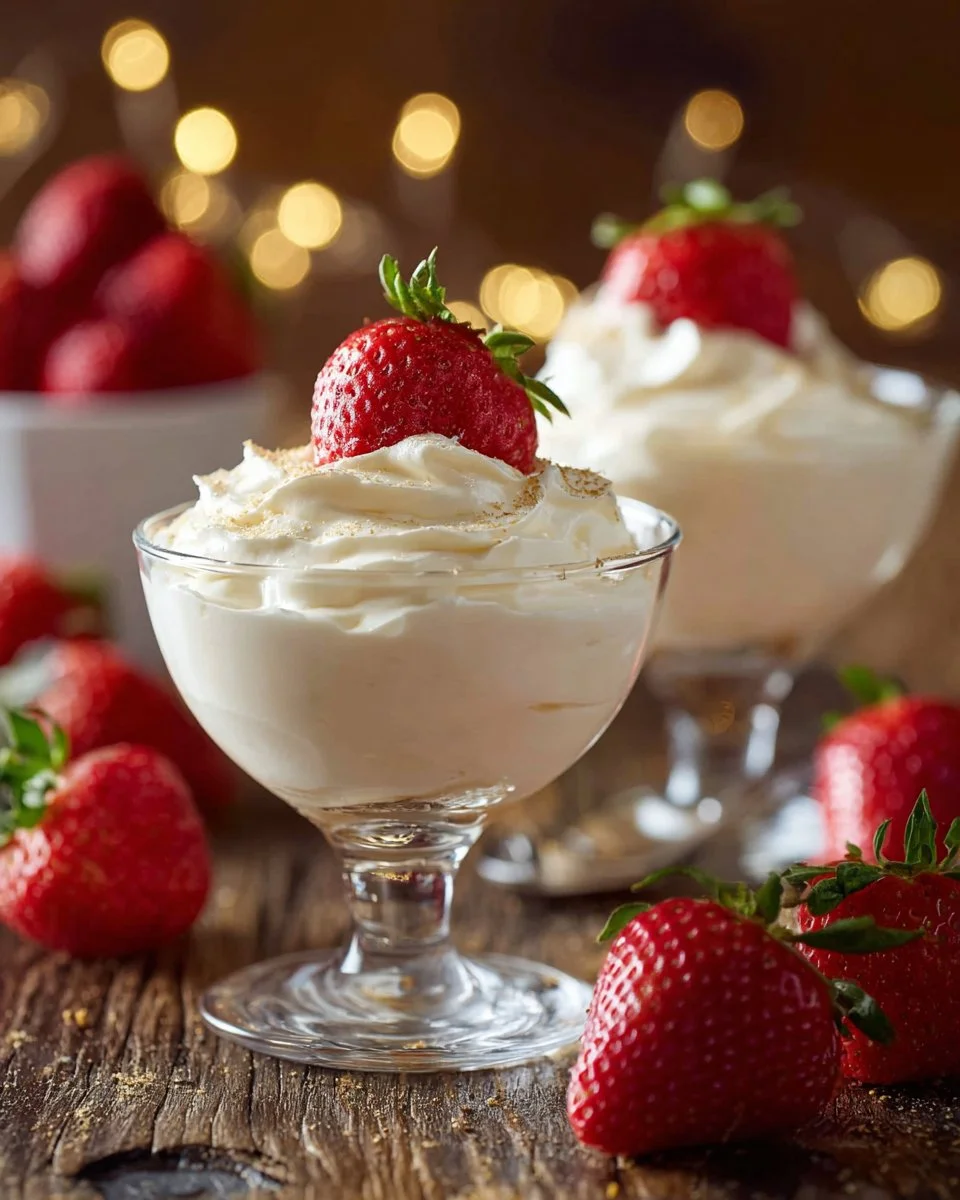 Delicious cheesecake mousse served in a glass with berries on top.
