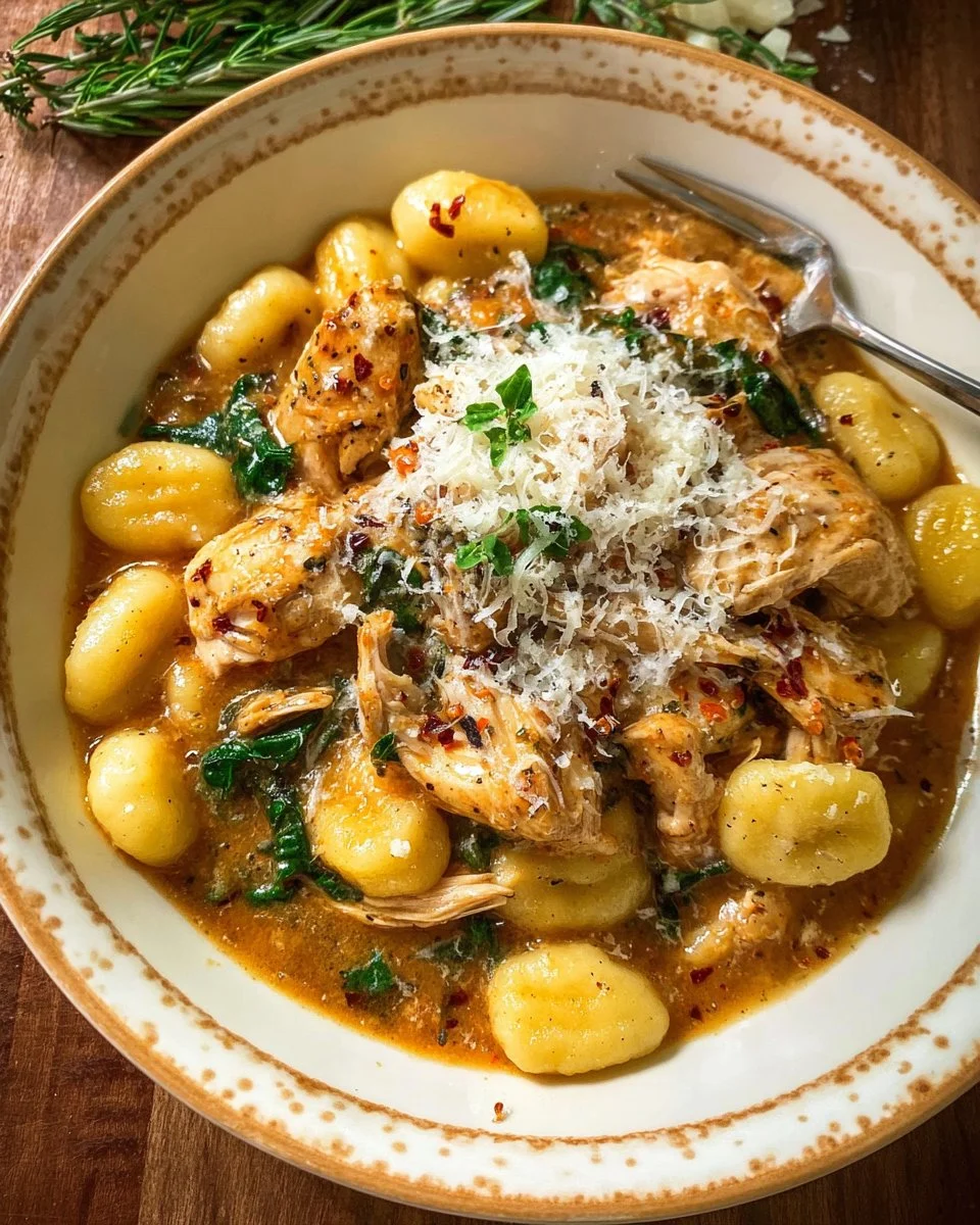 A comforting bowl of chicken and gnocchi topped with herbs and cream sauce.