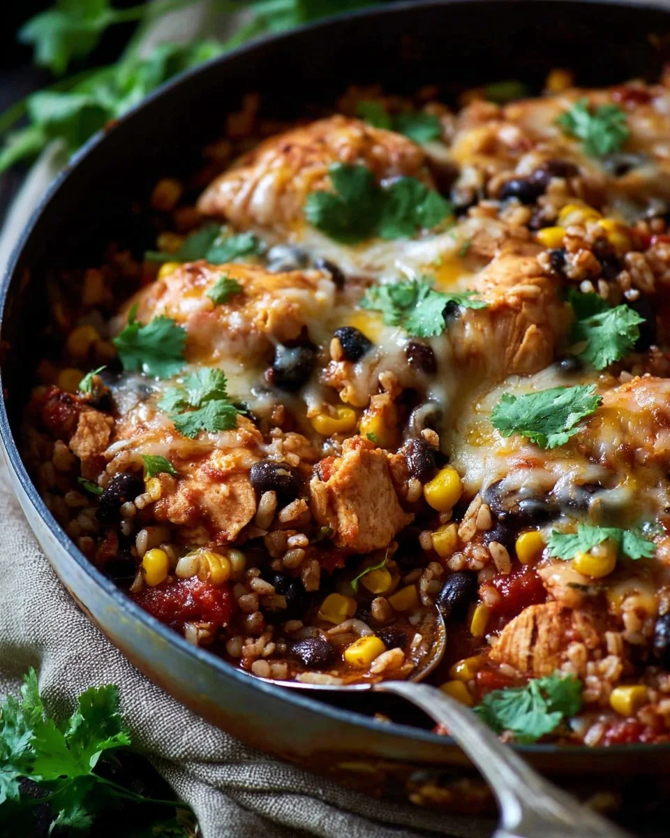 Delicious Chicken and Rice Taco Skillet with vibrant toppings and seasonings