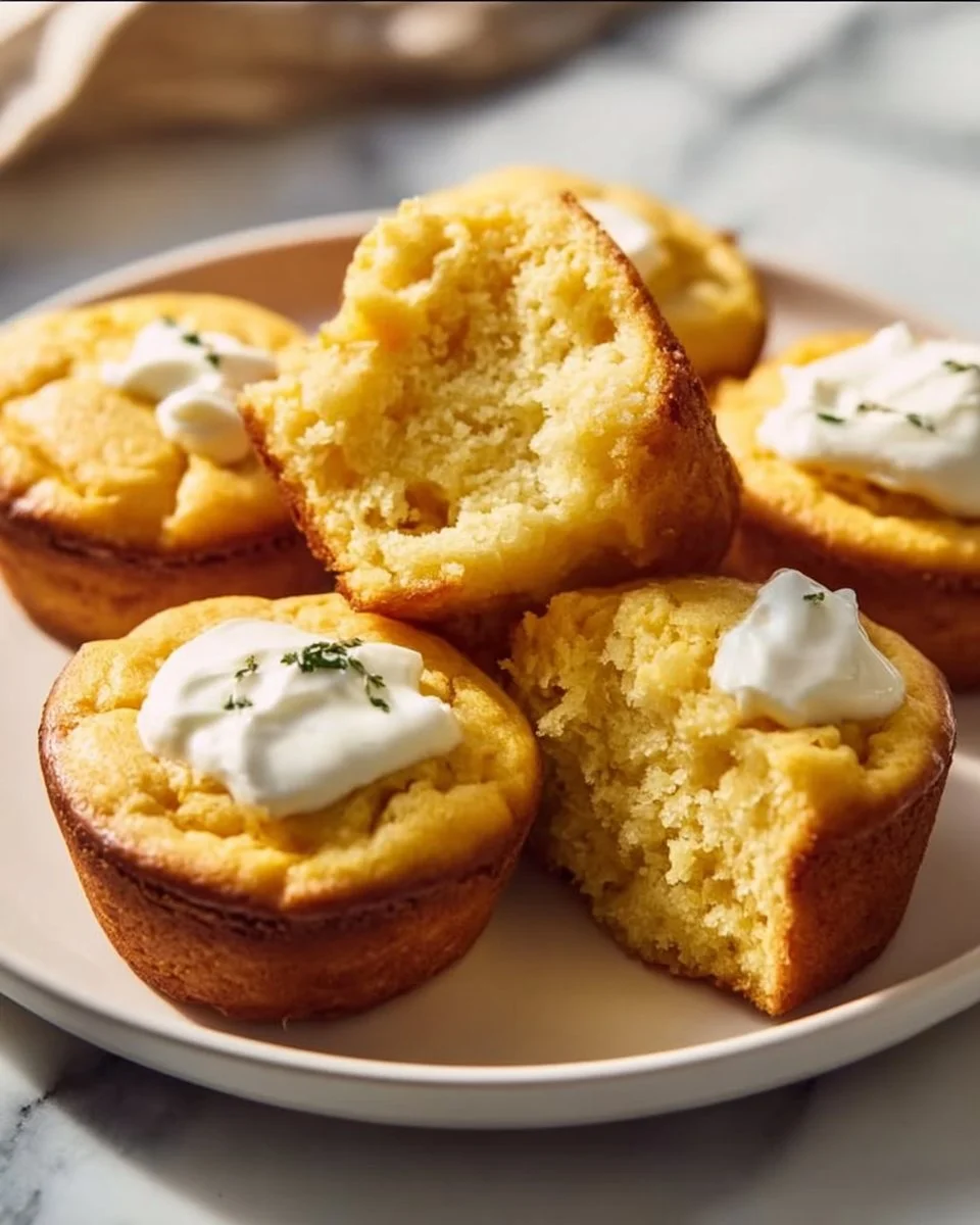 Delicious cornbread muffins with a sour cream center on a wooden table