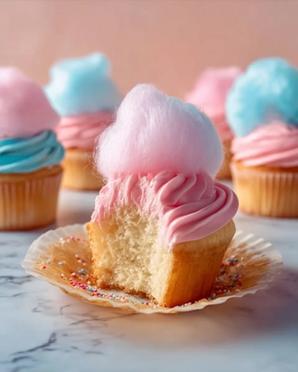 Colorful cotton candy cupcakes topped with fluffy icing and sprinkles