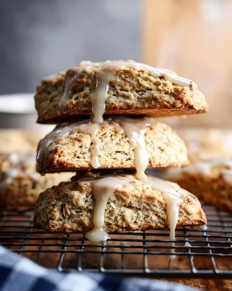 Earl Grey scones drizzled with lemon glaze on a plate