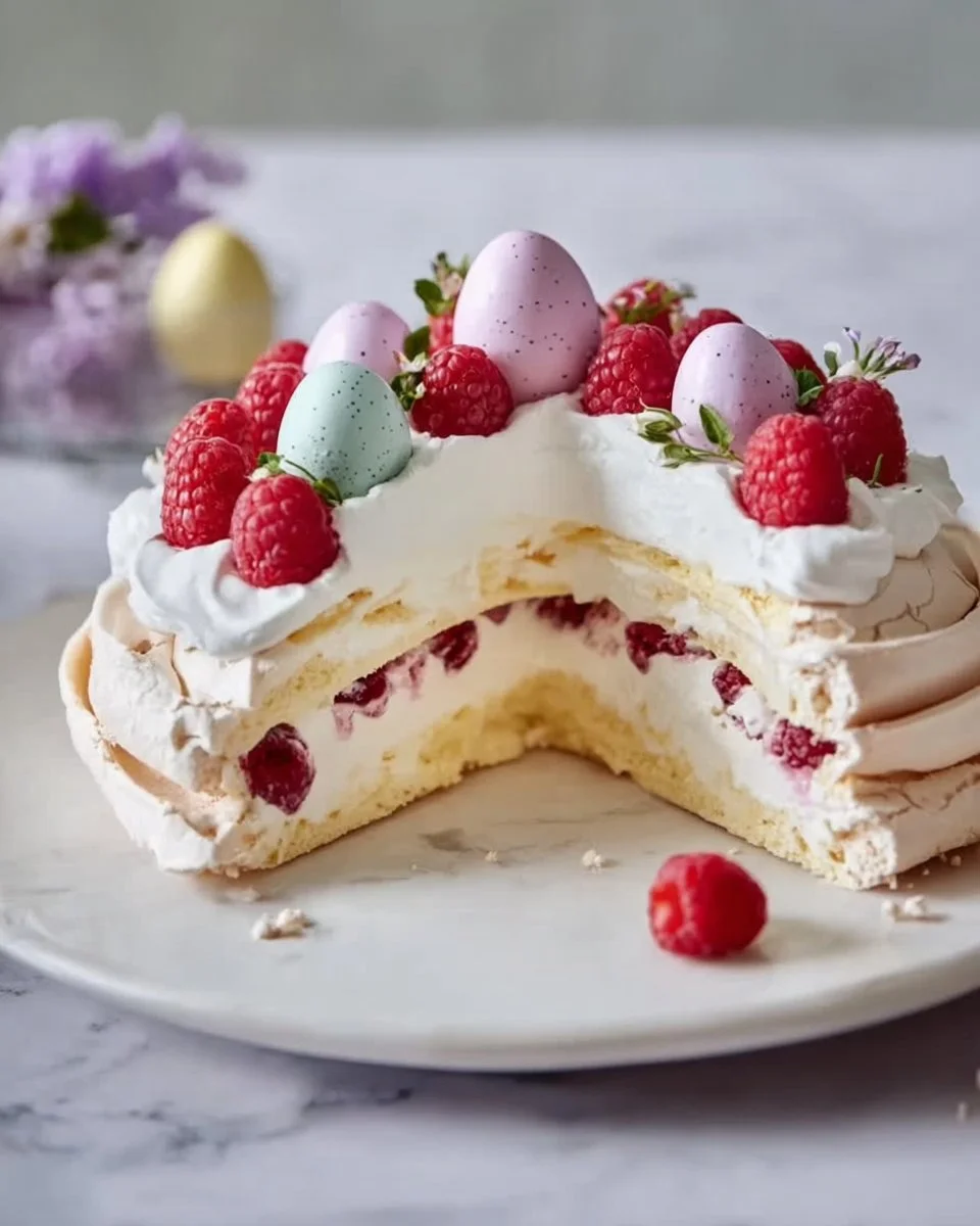 Festive Easter Pavlova dessert topped with fresh fruits and cream