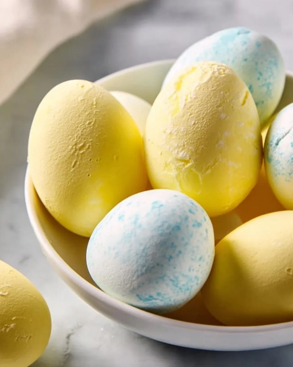 Colorful fluffy marshmallow Easter eggs in a decorative basket.