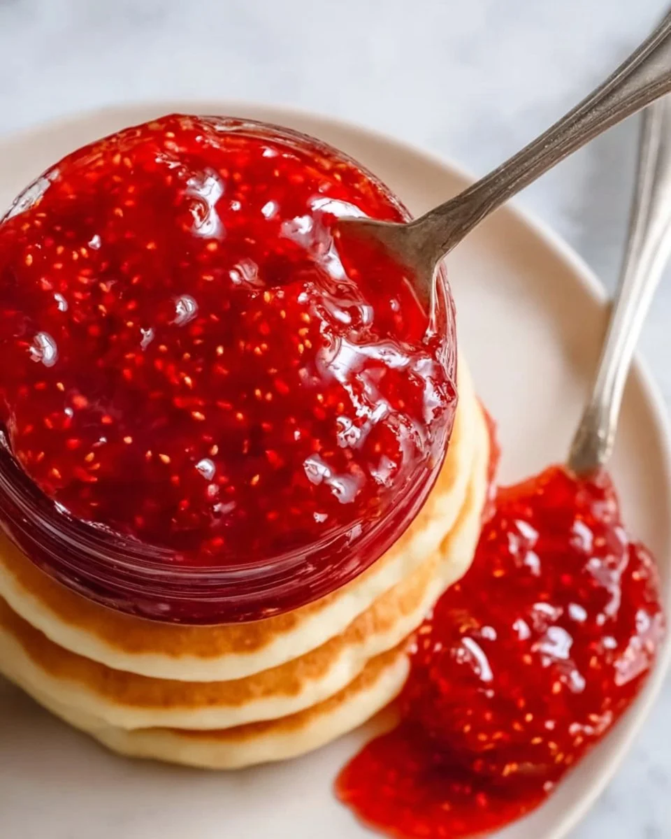 Homemade frozen strawberry jam in a jar with fresh strawberries