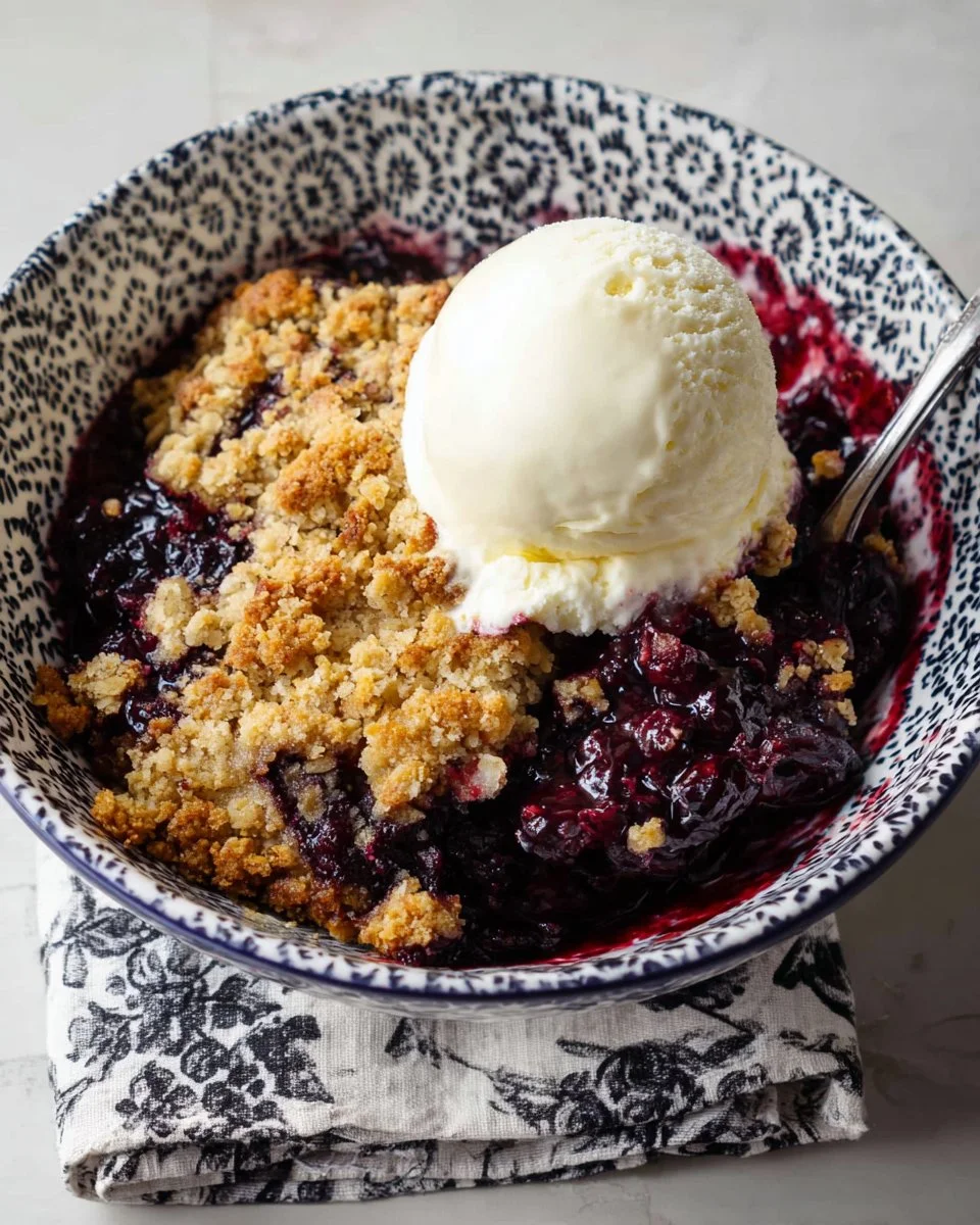 Gluten-free blueberry crisp served in a dish with fresh blueberries on top