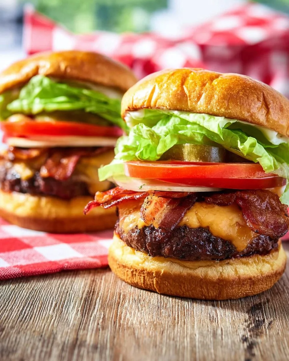 Grilled Chipotle BLT cheeseburger topped with bacon and fresh veggies on a plate.