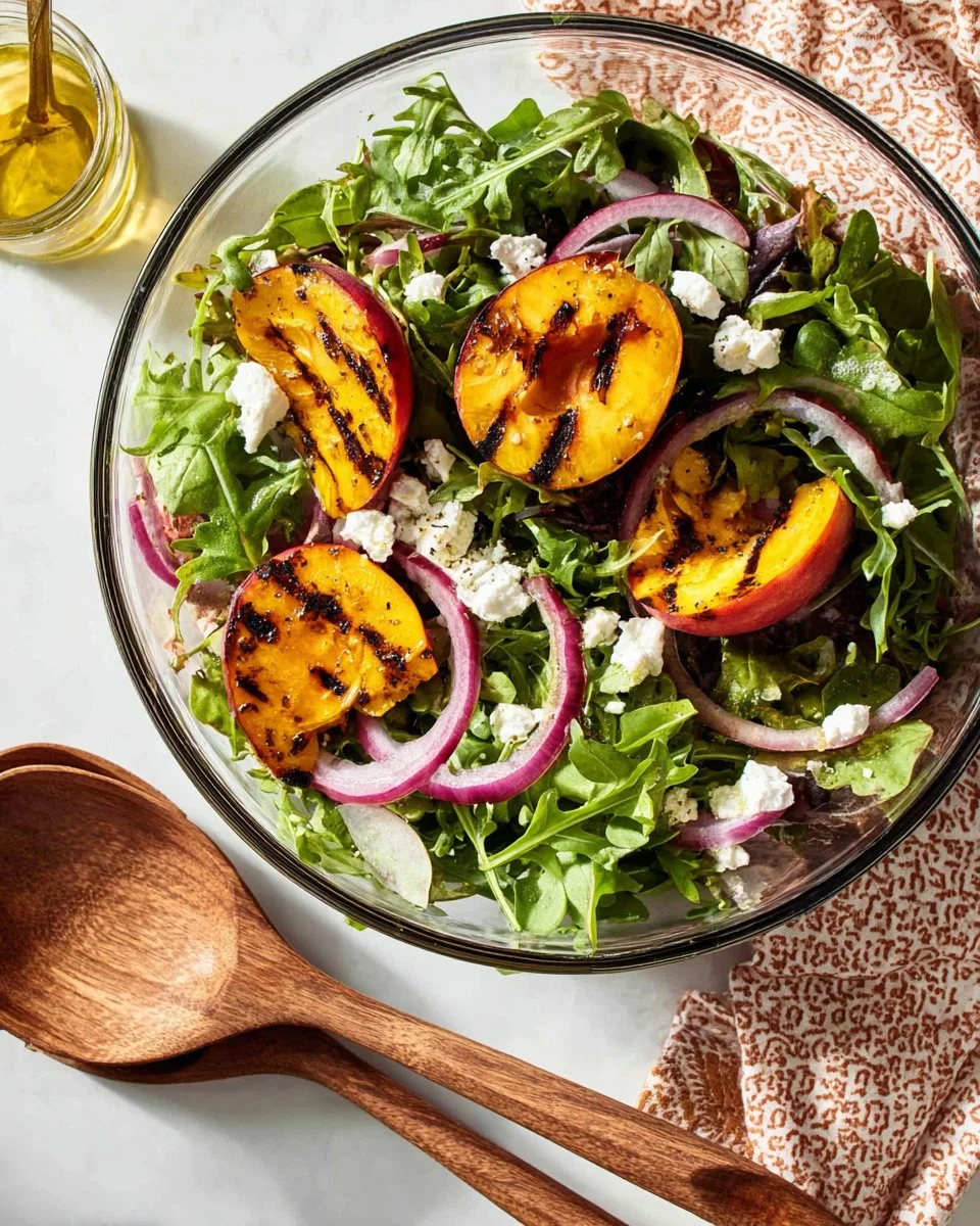 Delicious grilled peach salad with fresh greens and feta cheese.