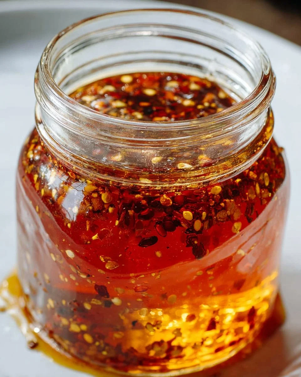 Delicious homemade hot honey in a jar garnished with chili peppers