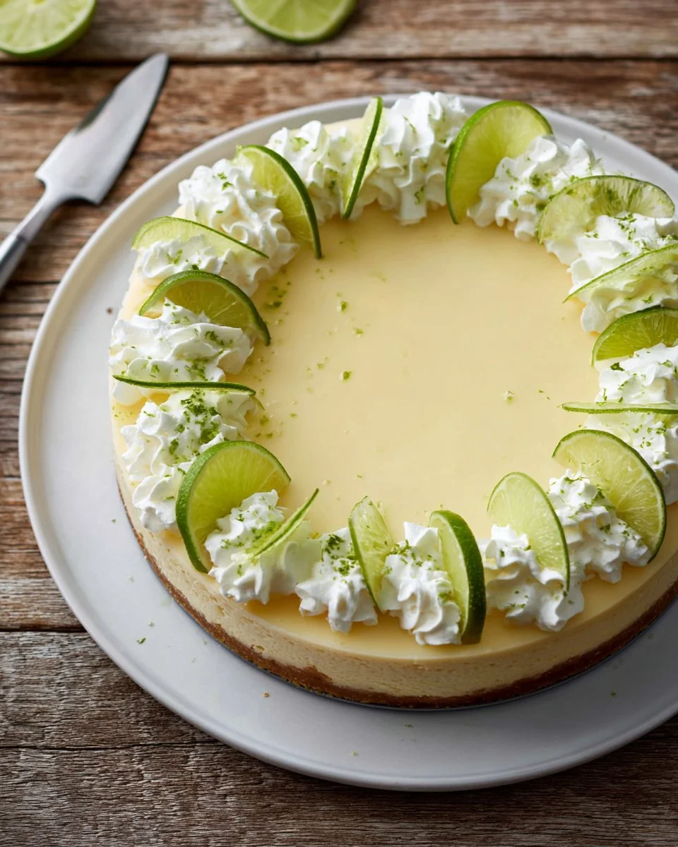 Delicious key lime cheesecake with a graham cracker crust and lime garnish