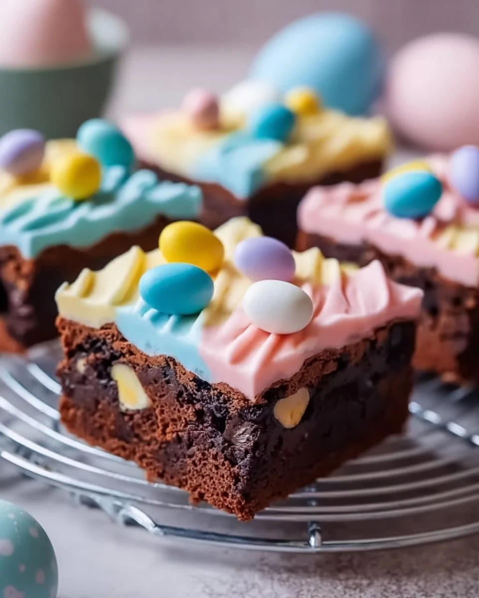 Delicious Mini Egg Brownies topped with colorful chocolate Mini Eggs