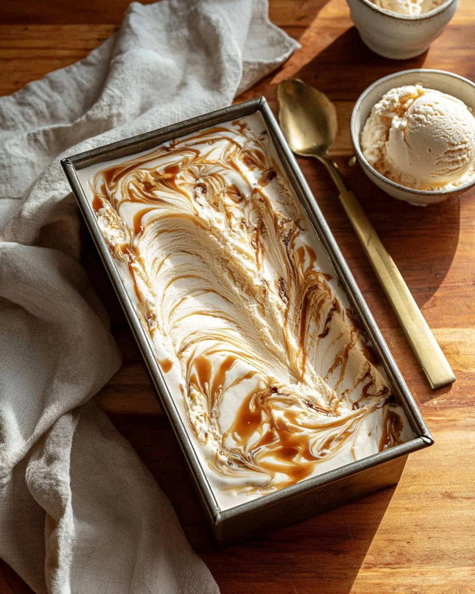 Delicious no churn salted caramel ice cream in a bowl with caramel drizzle