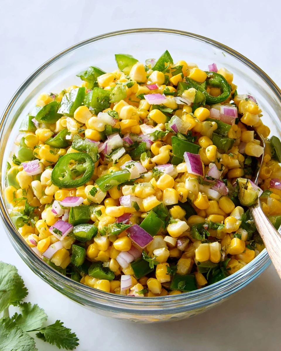 Roasted chili corn salsa served in a bowl with fresh ingredients
