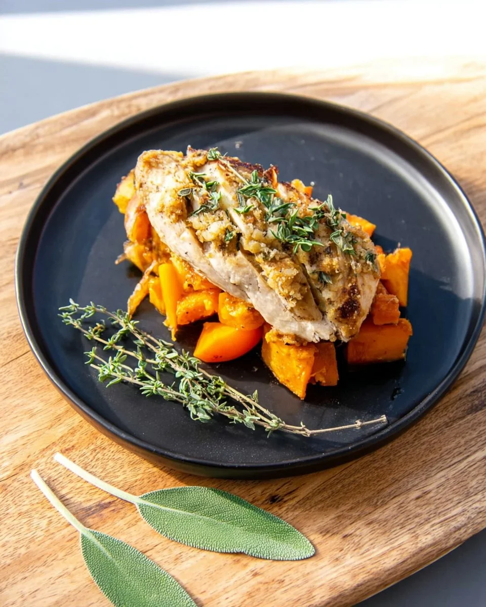 Delicious sweet potato apple turkey bake served on a plate