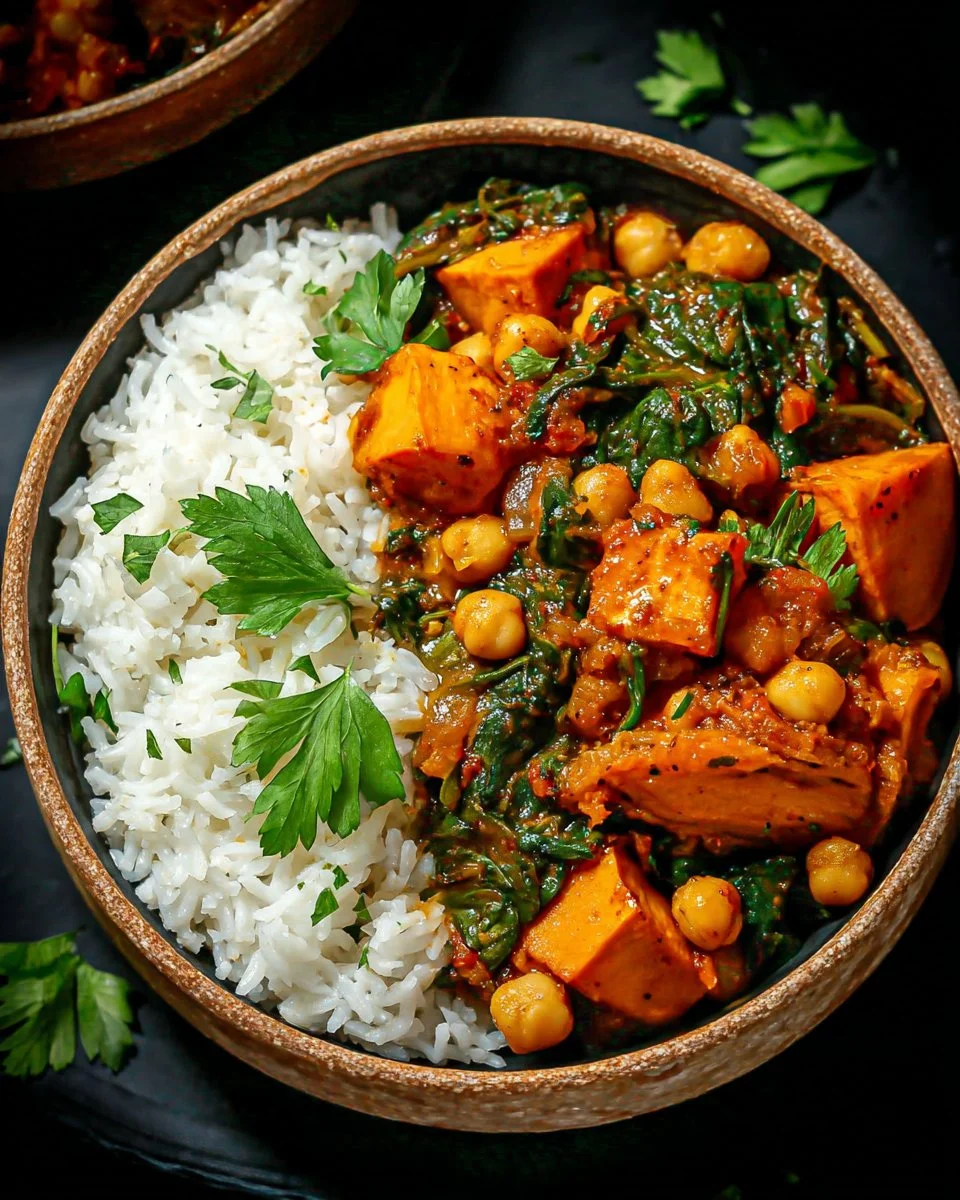 A bowl of sweet potato chickpea curry with vibrant spices and herbs