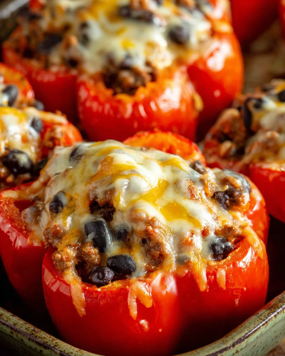 Delicious taco stuffed peppers filled with seasoned meat and topped with cheese