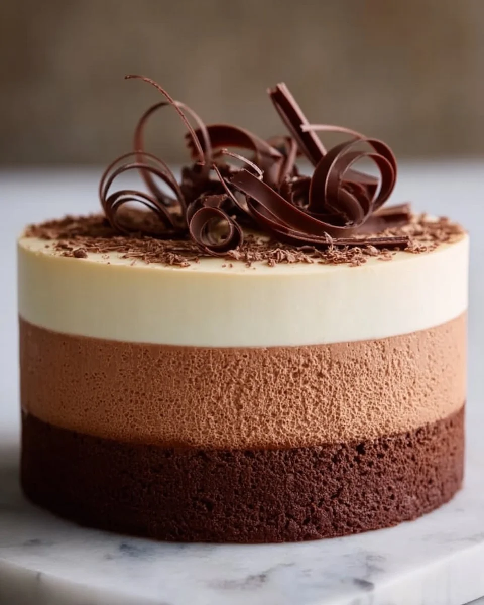 Delicious triple chocolate mousse cake topped with creamy chocolate layers.