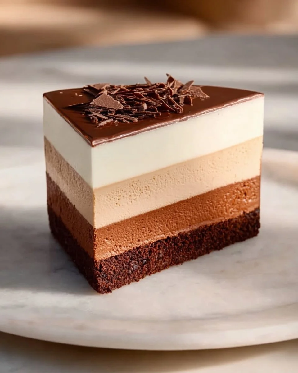 Triple Layer Chocolate Mousse Cake topped with chocolate ganache and decorations