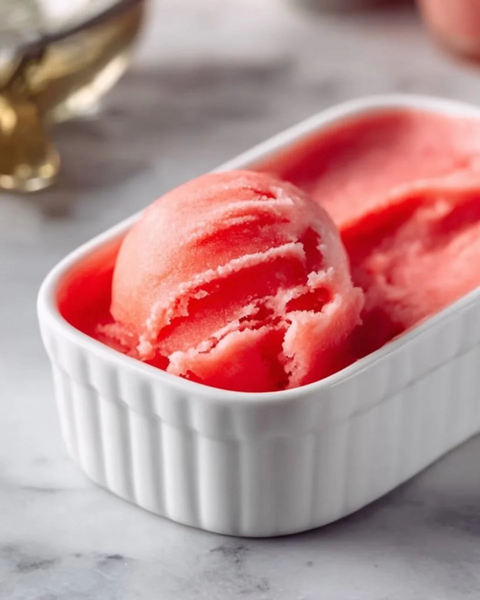 Bowl of vibrant watermelon sorbet garnished with mint leaves