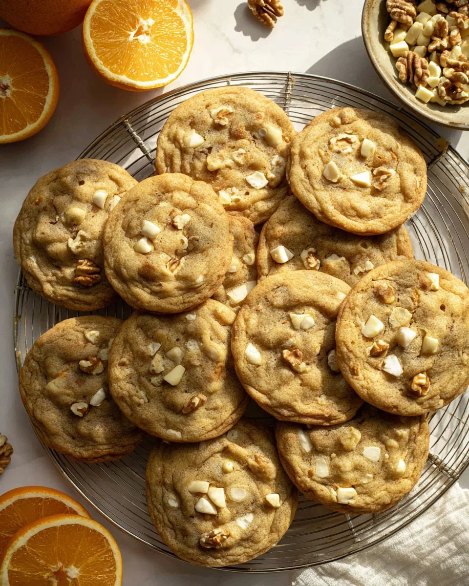 Delicious white chocolate orange cookies on a cooling rack.