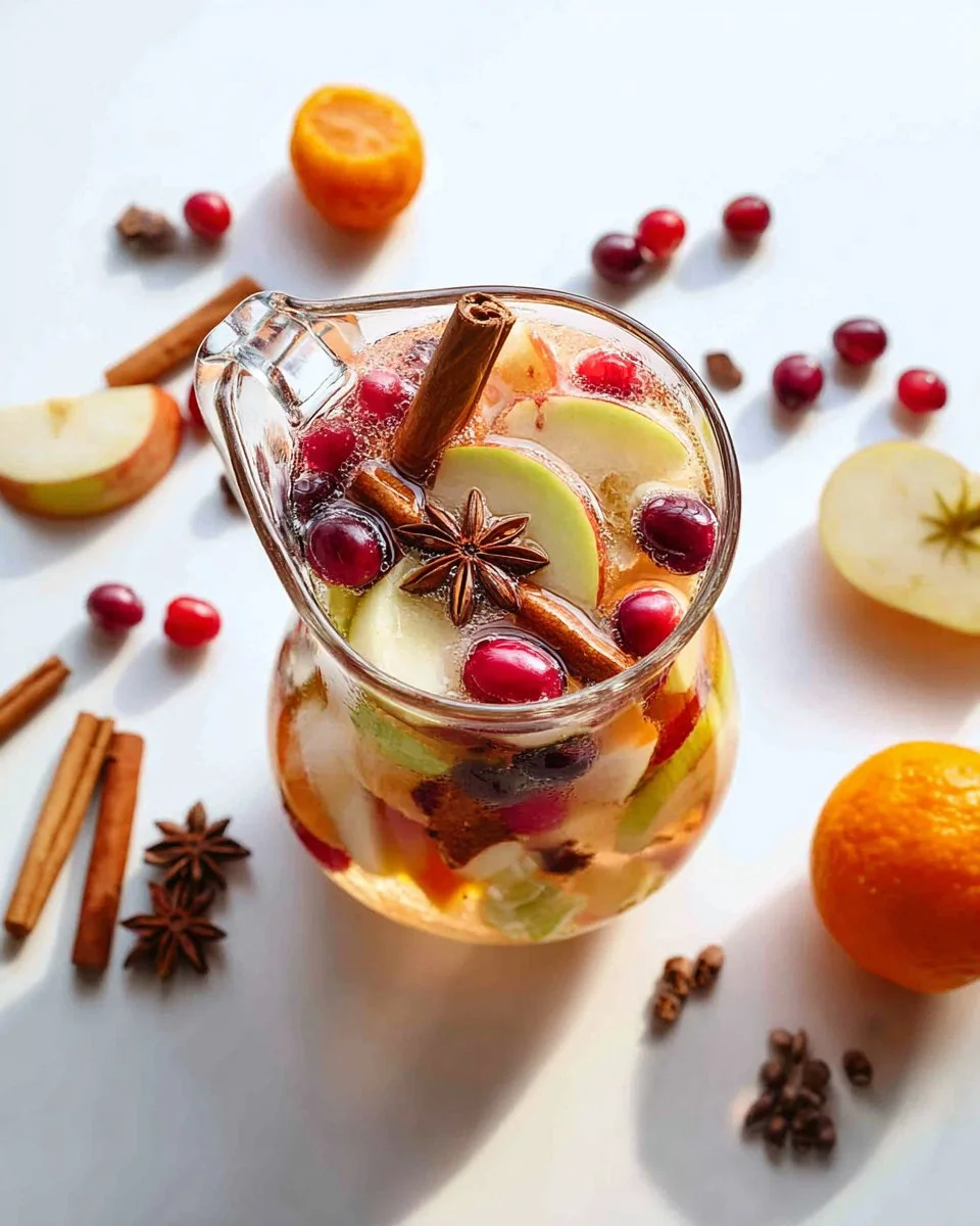 A refreshing glass of winter white sangria with fruits and spices