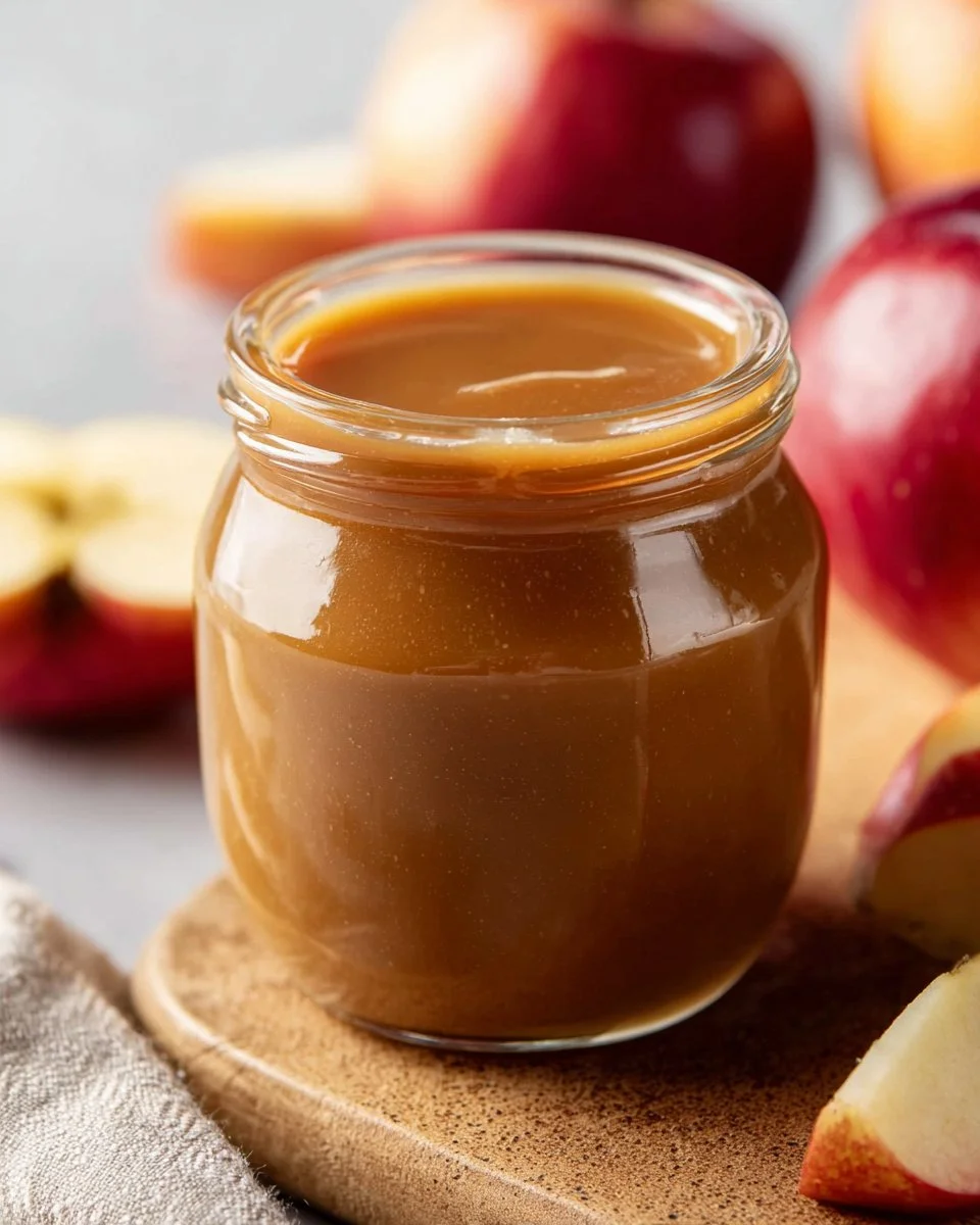 Delicious apple cider caramel sauce in a jar, ready for desserts