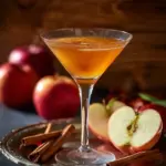 Refreshing Apple Cider Martini garnished with apple slices and a cinnamon stick.