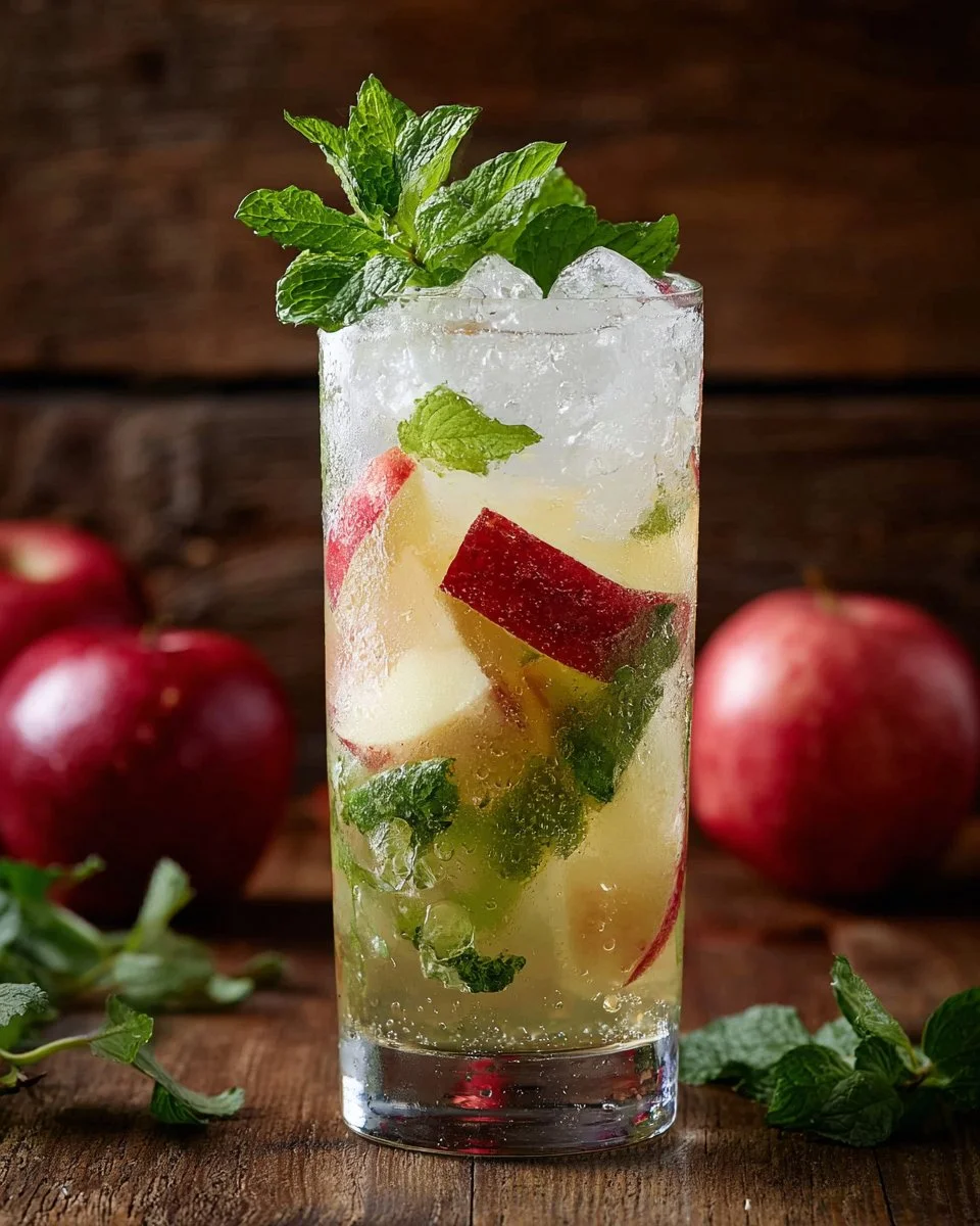 Refreshing Apple Cider Mojito garnished with mint and apple slices