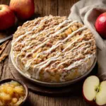 Delicious Apple Crumble Cheesecake topped with crumble and fresh apples.