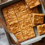 Homemade butterscotch oat bars topped with chocolate chips on a wooden table.