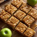 A delicious slice of caramel apple snack cake topped with caramel drizzle.