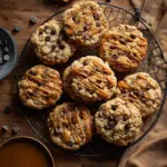 Homemade Carmelita Cookies topped with caramel and chocolate drizzle.