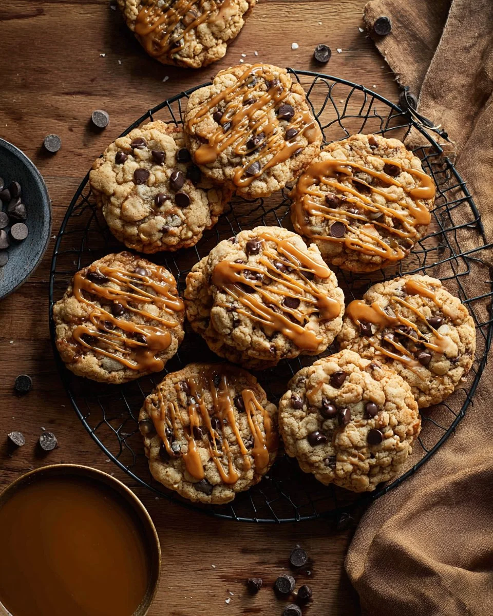 Homemade Carmelita Cookies topped with caramel and chocolate drizzle.