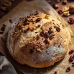 Freshly baked cranberry walnut bread with cranberries and walnuts on a wooden cutting board.