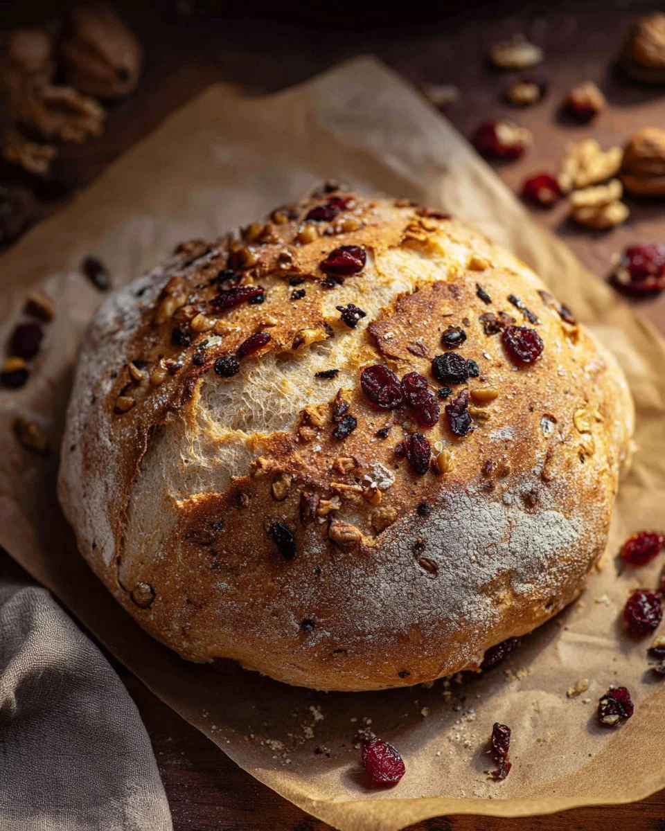 Freshly baked cranberry walnut bread with cranberries and walnuts on a wooden cutting board.