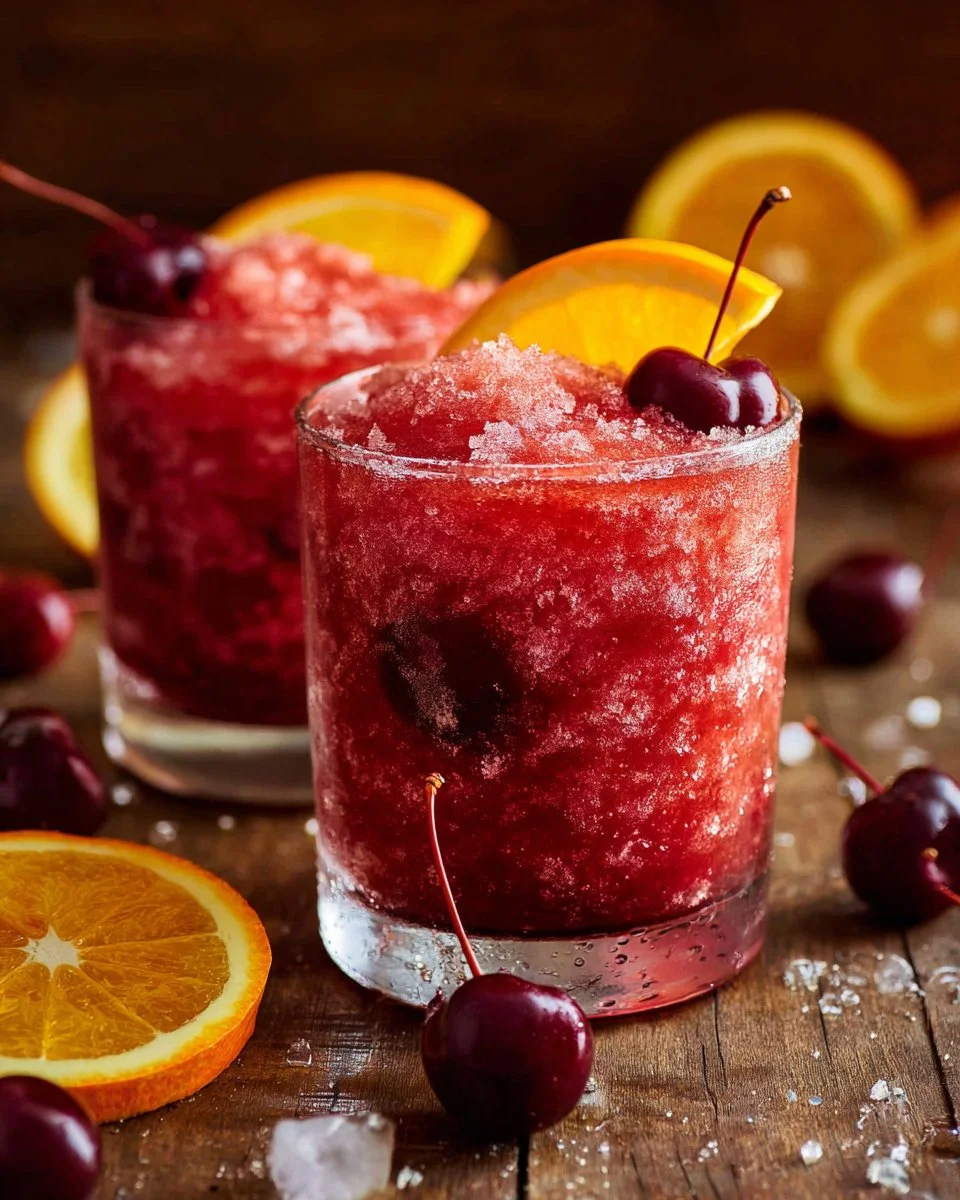 Frozen Old Fashioned cocktail served in a glass with garnishes.
