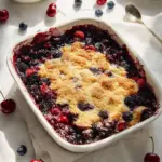 Delicious mixed berry cake topped with fresh berries and whipped cream