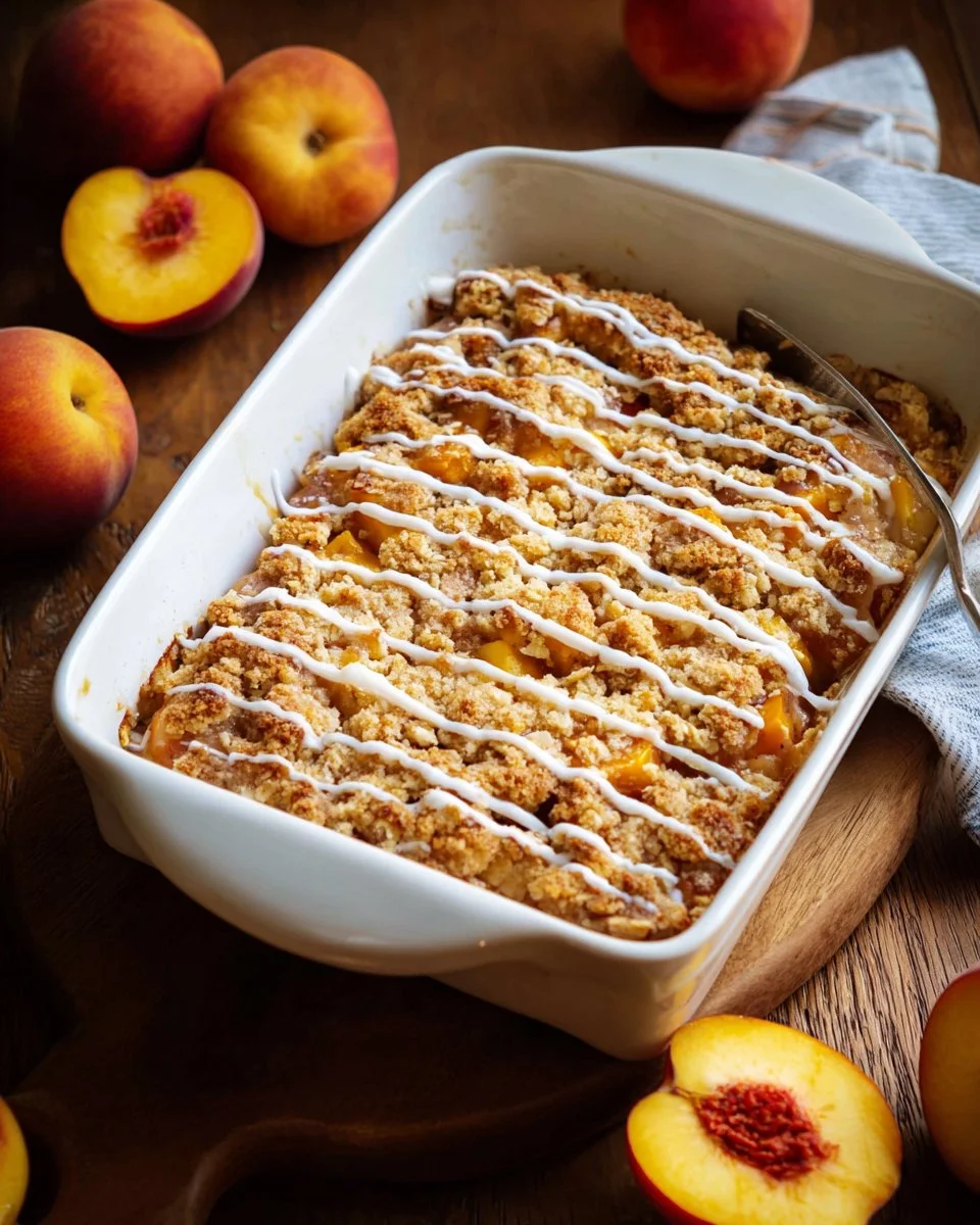 Delicious Peach Crumb Cake topped with golden crumb crust on a white plate.