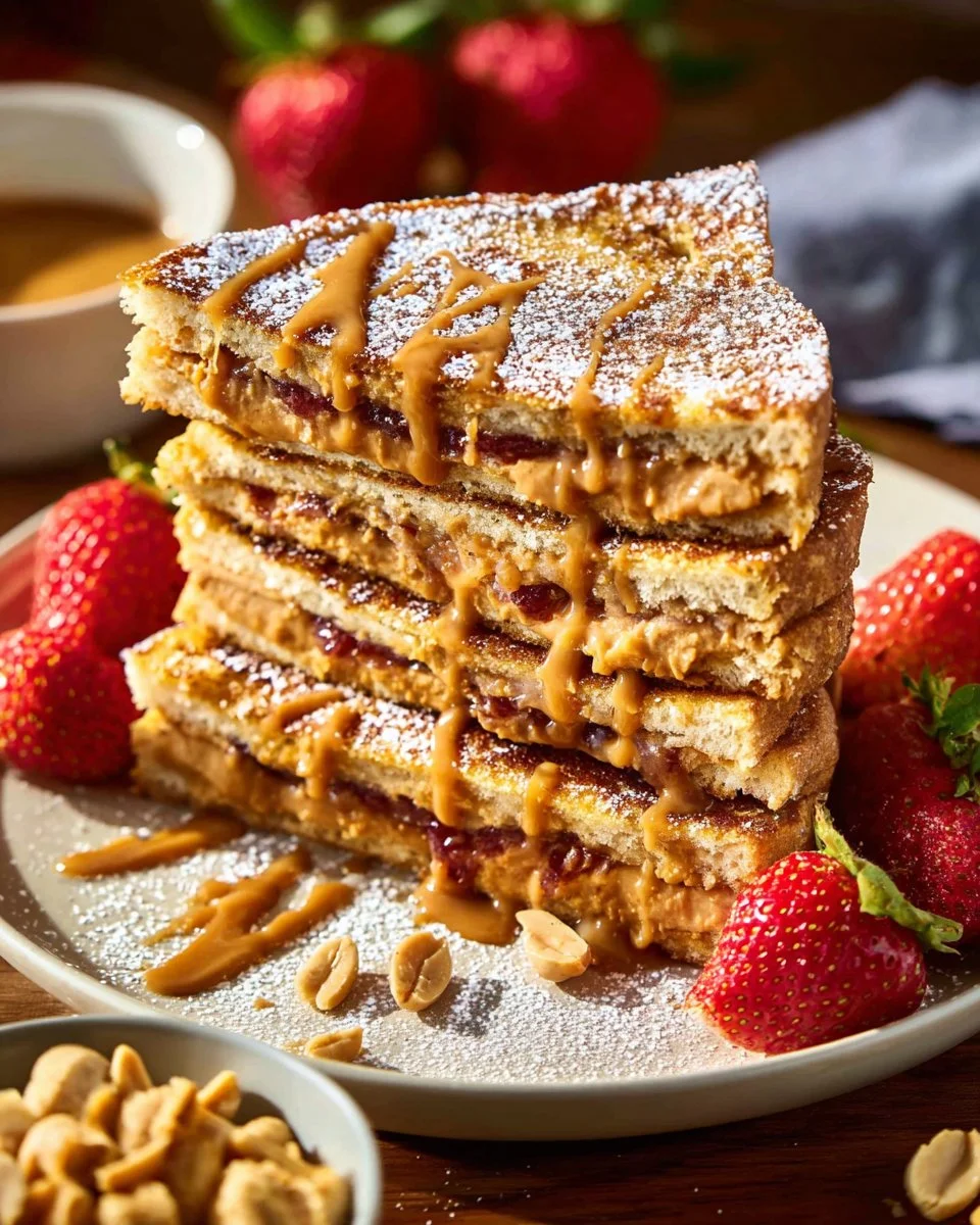 Delicious Peanut Butter and Jelly French Toast topped with syrup and fresh berries