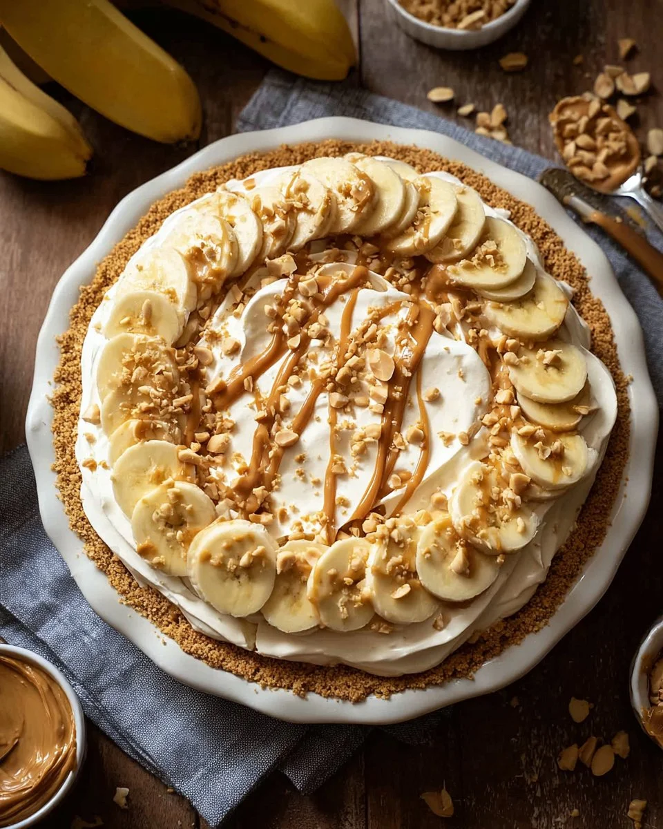Peanut Butter Banana Cream Pie topped with whipped cream and banana slices.