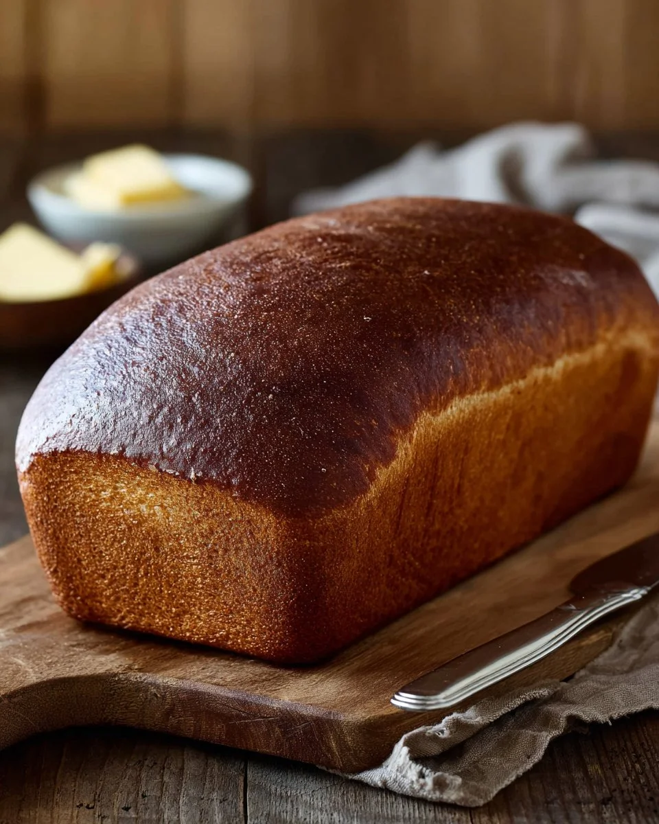 Freshly baked pumpernickel bread loaves on a wooden cutting board.