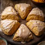 Delicious homemade pumpkin scones topped with icing on a rustic table