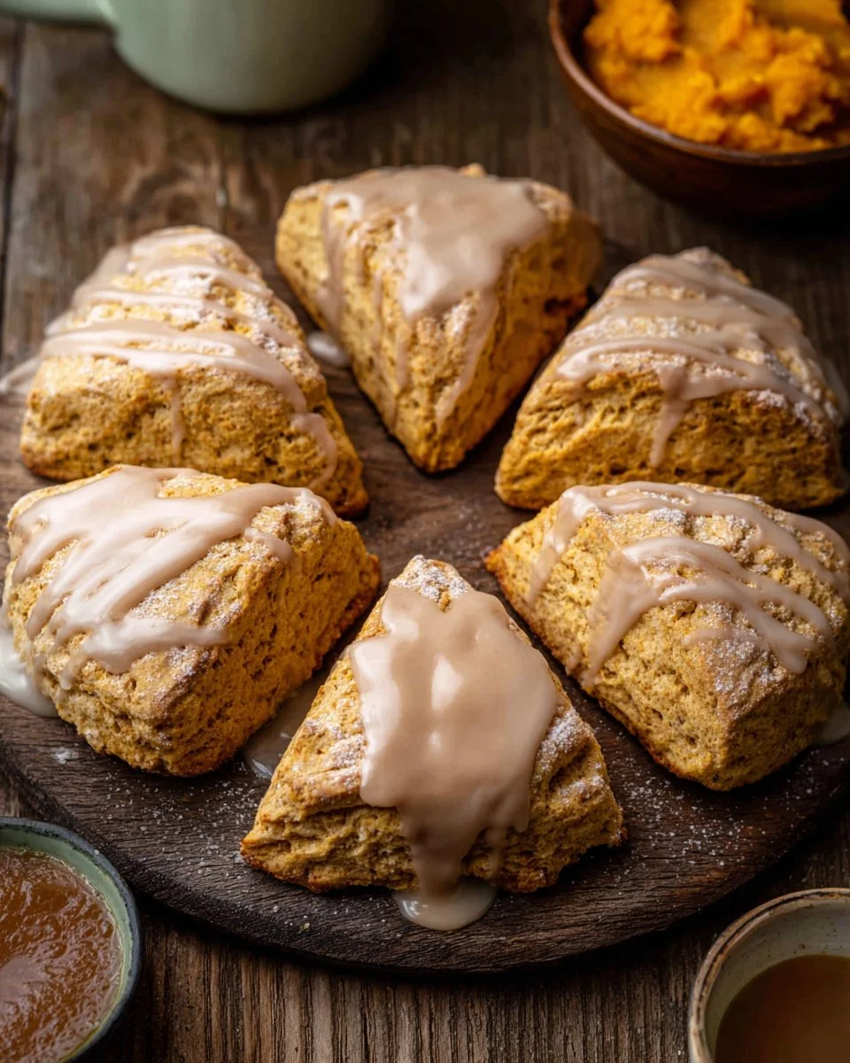 Delicious homemade pumpkin scones topped with icing on a rustic table