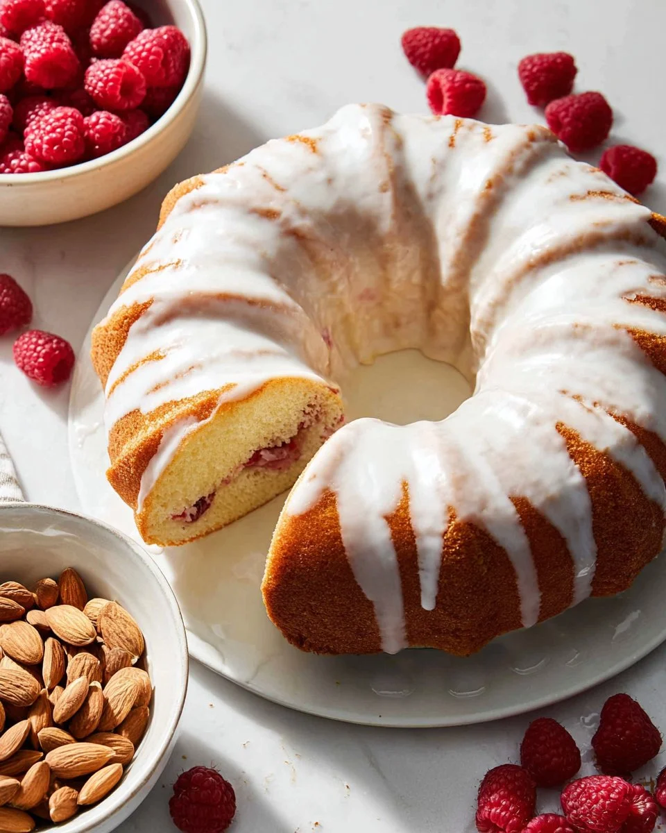 Sliced Raspberry Almond Pound Cake with fresh raspberries and almonds on top