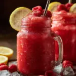 Refreshing Raspberry Lemonade Slushy served in a glass with fresh raspberries and lemon slices.