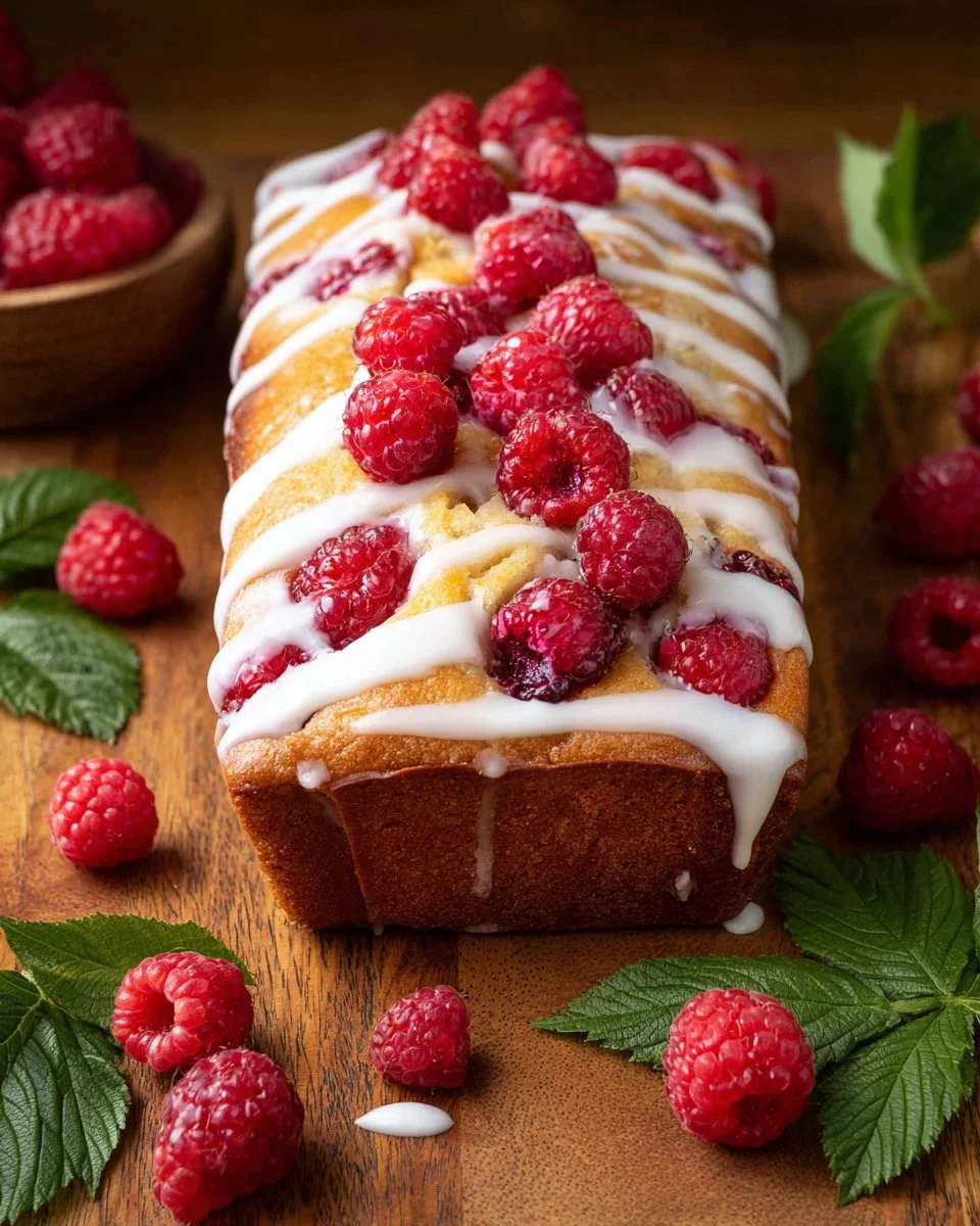 Freshly baked Raspberry Loaf with a golden-brown crust and juicy raspberries